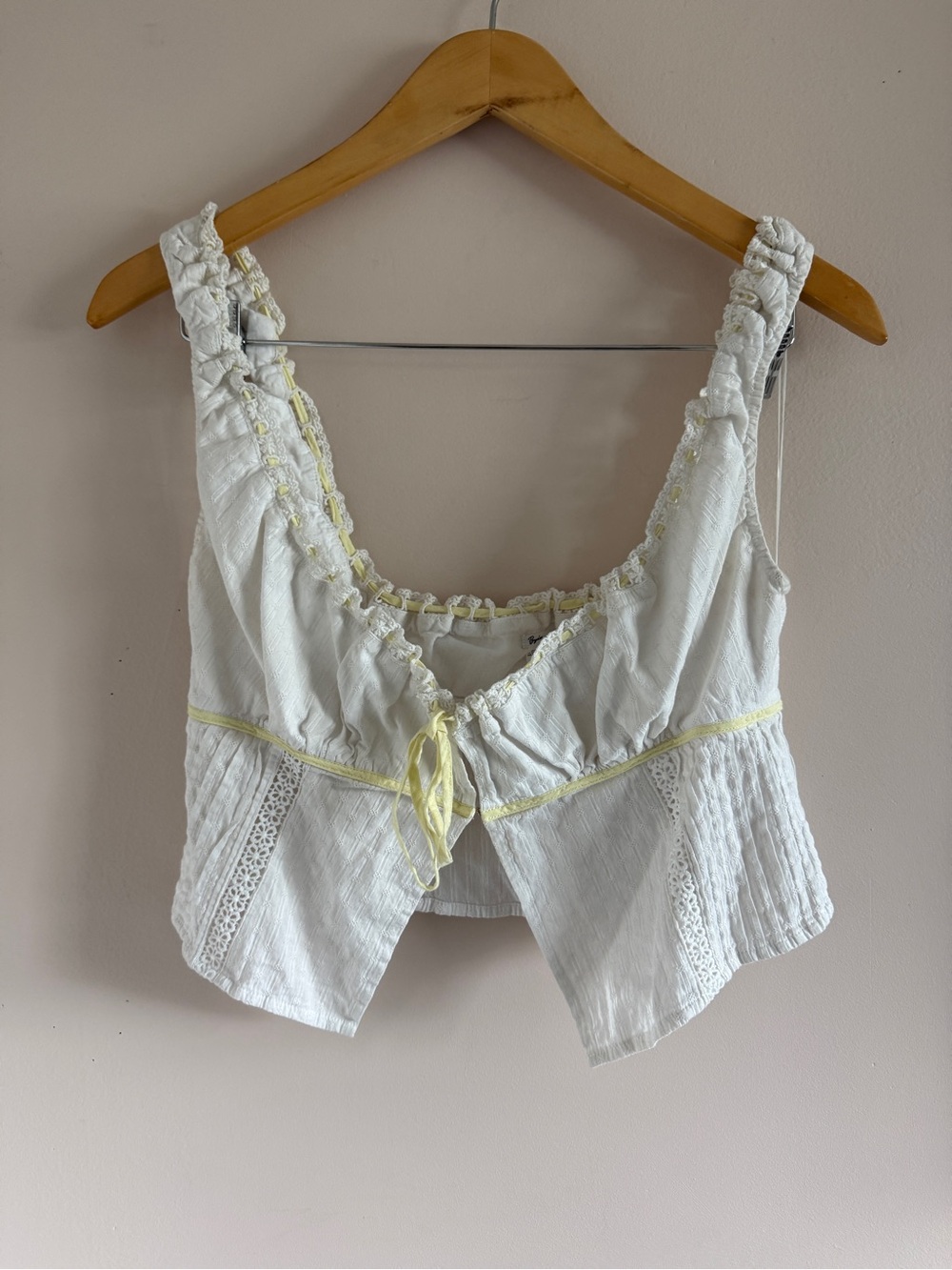White Ruffle-Trim Crop Tank with Yellow Accent